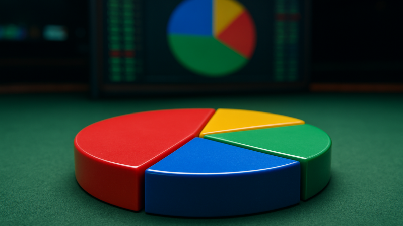 Colorful pie chart on a green surface with a digital screen in the background displaying data